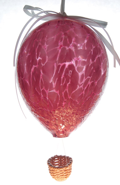 Lg. Pink and White Blown Glass Hot Air Balloon with Wicker Baske