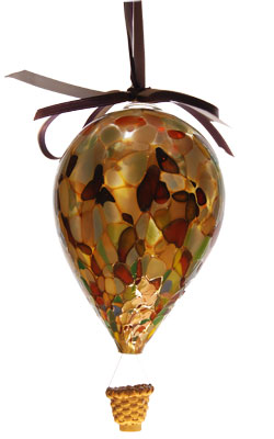 Sm. Gold & Brown Blown Glass Hot Air Balloon with Wicker Basket